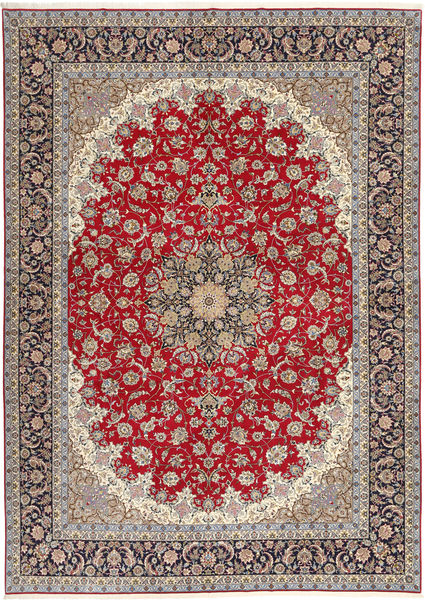  Isfahan Silkesvarp Matta 300X417 Äkta Orientalisk Handknuten Ljusgrå/Mörkröd Stor (Ull/Silke, Persien/Iran)